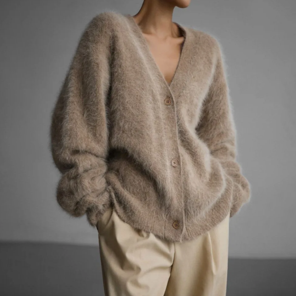 Strickjacke mit V-Ausschnitt und großer Knopfleiste für Damen in Braun