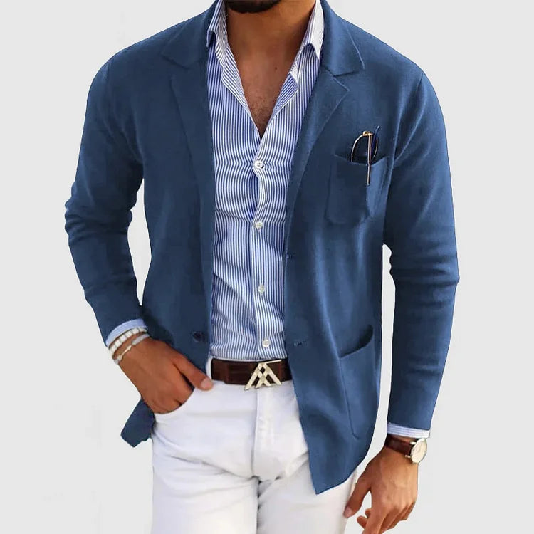 Strickjacke mit Reverskragen, Knöpfen und Taschen für Herren in Blau - Ansicht 7