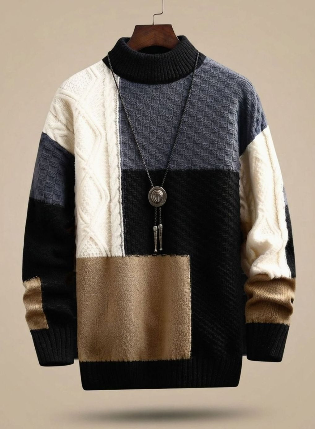 Strickjacke Herren Winter mit Colorblock und Zopfmuster in Grobstrick