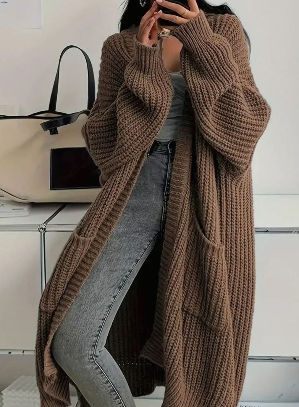 Strickjacke lang mit Rippstruktur und Taschen für Damen in Braun