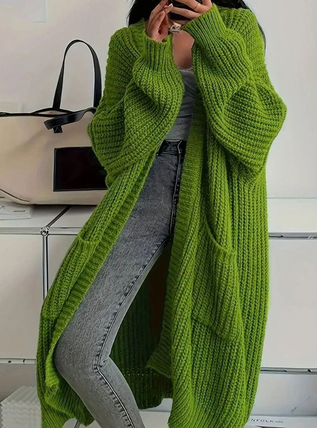 Strickjacke lang mit Rippstruktur und Taschen für Damen in Olivgrün - Ansicht 2