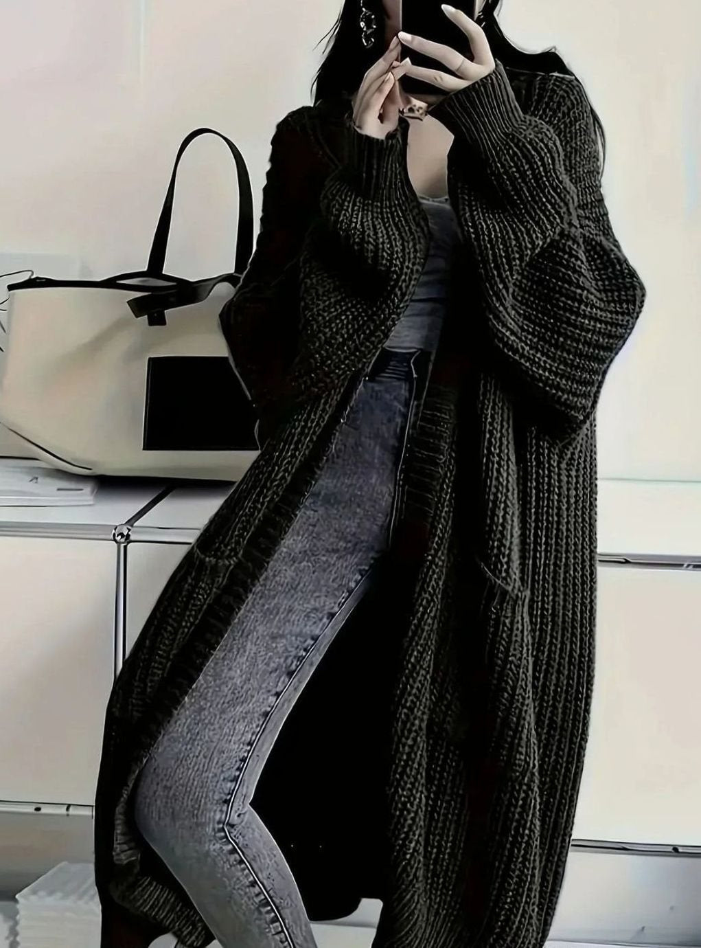 Strickjacke lang mit Rippstruktur und Taschen für Damen in Schwarz - Ansicht 3