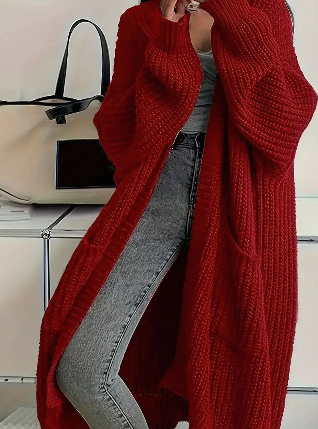 Strickjacke lang mit Rippstruktur und Taschen für Damen in Rot - Ansicht 4