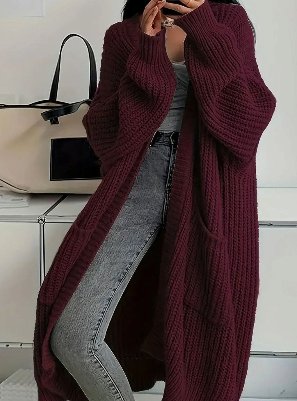 Strickjacke lang mit Rippstruktur und Taschen für Damen in Karmesinrot - Ansicht 5