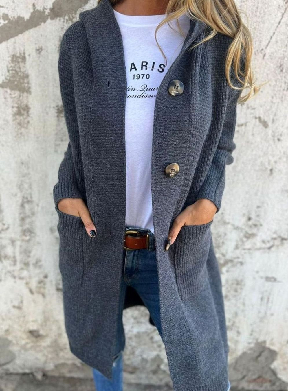 Strickjacke mit Kapuze und Rippenstrick für Damen in Grau