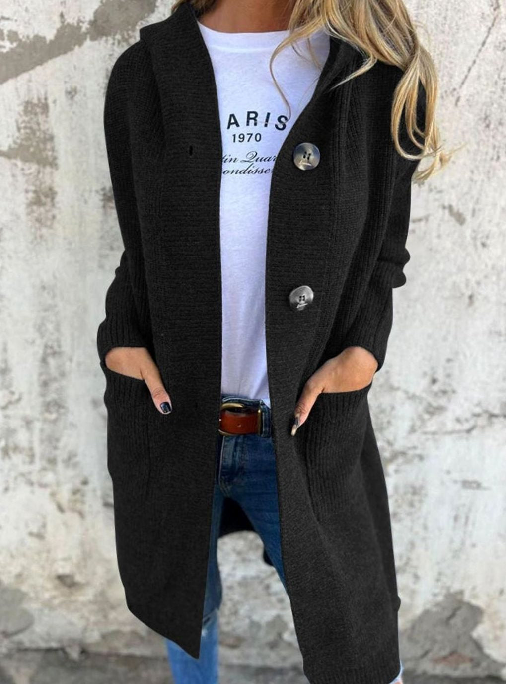 Strickjacke mit Kapuze und Rippenstrick für Damen in Schwarz - Ansicht 4