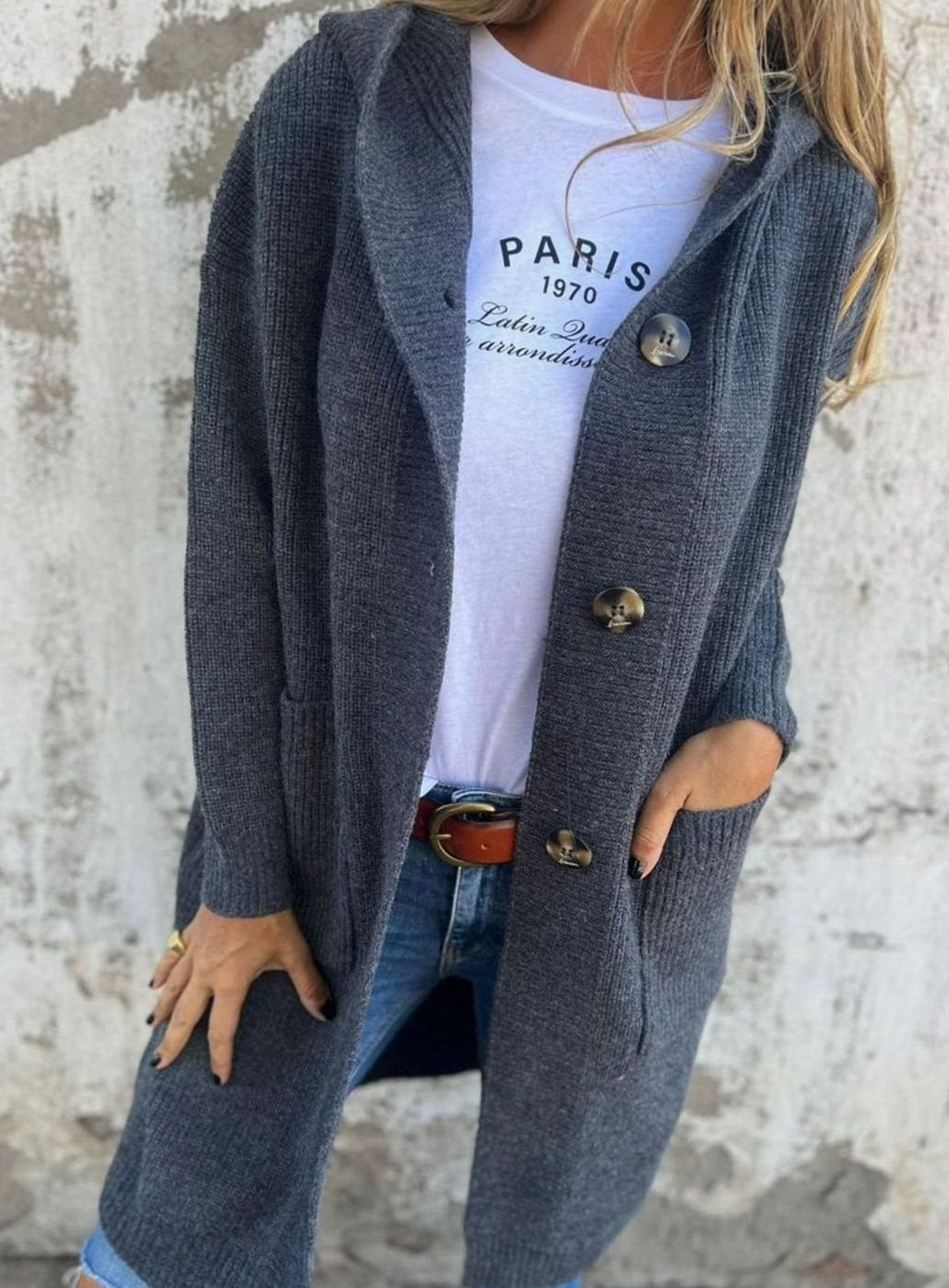 Strickjacke mit Kapuze und Rippenstrick für Damen in Grau - Ansicht 5