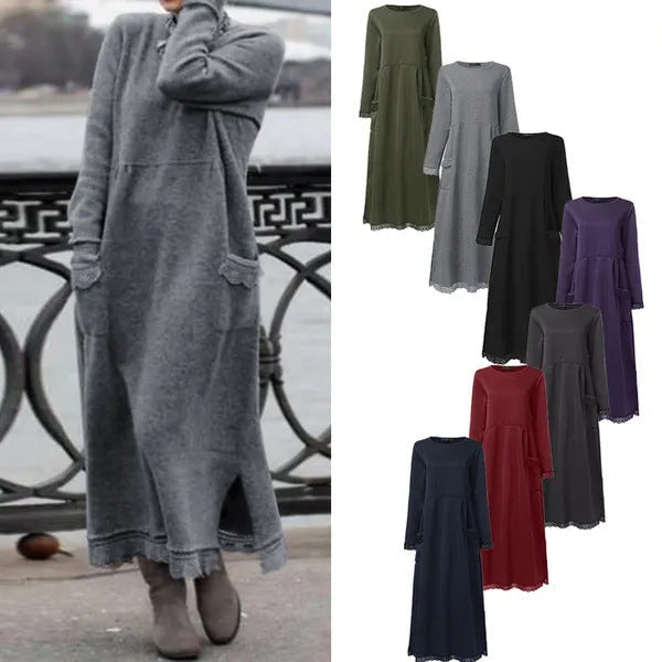 Strickkleid in Maxilänge mit Seitenschlitzen und Taschen für Damen