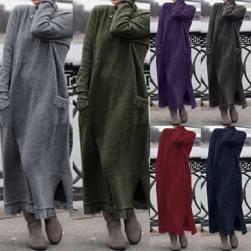 Strickkleid in Maxilänge mit Seitenschlitzen und Taschen für Damen