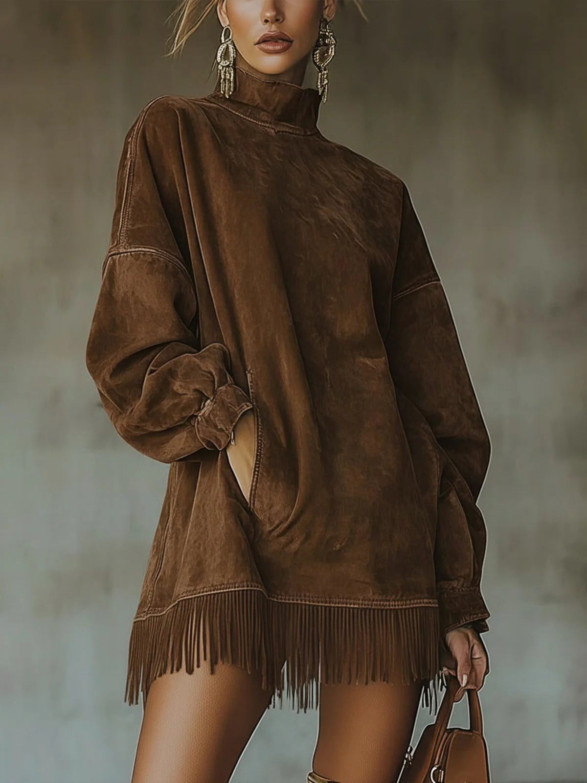 Strickkleid mit weitem Schnitt und Fransensaum für Damen