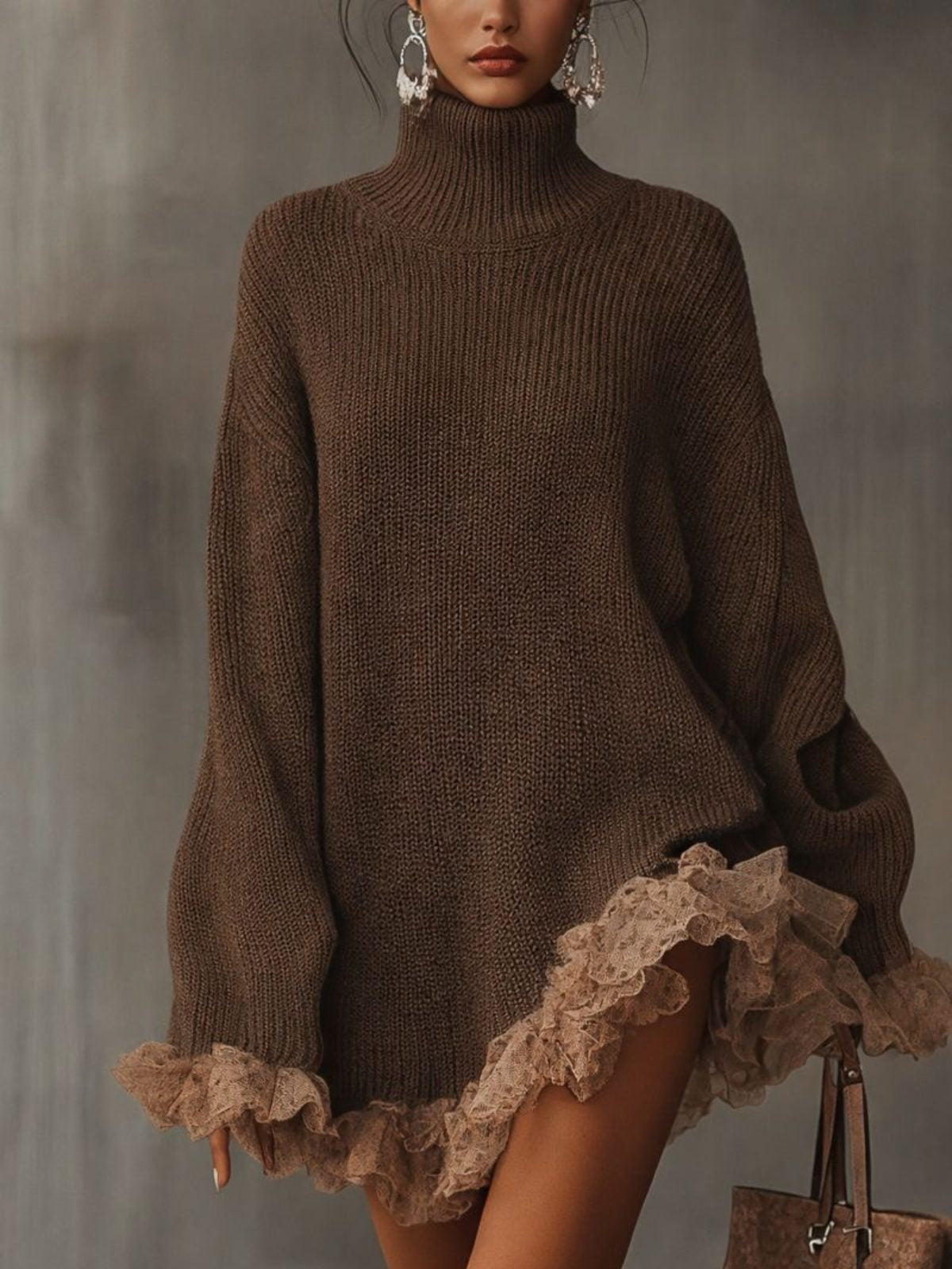Strickkleid mit Rippstruktur und Spitzenrüschen für Damen