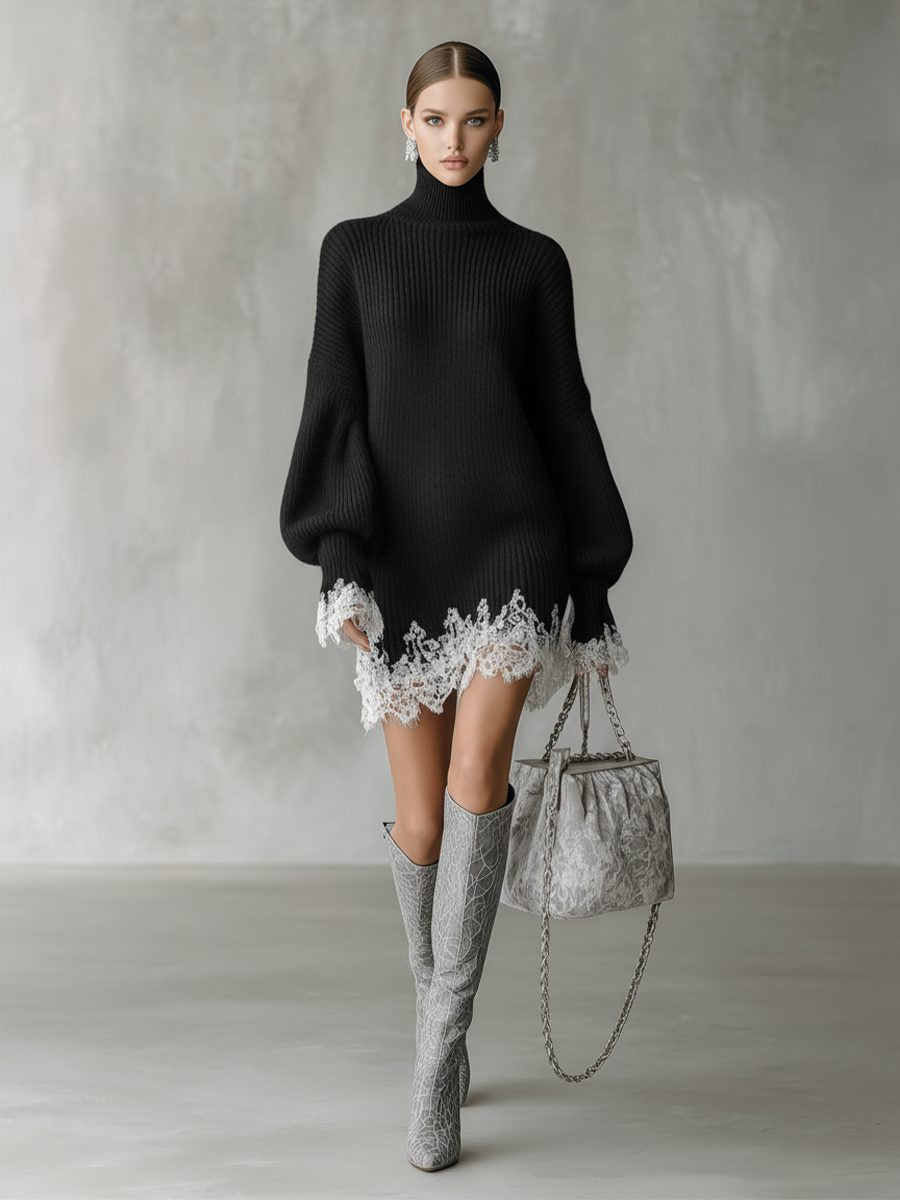 Strickkleid mit Rippstruktur und Spitzensaum für Damen