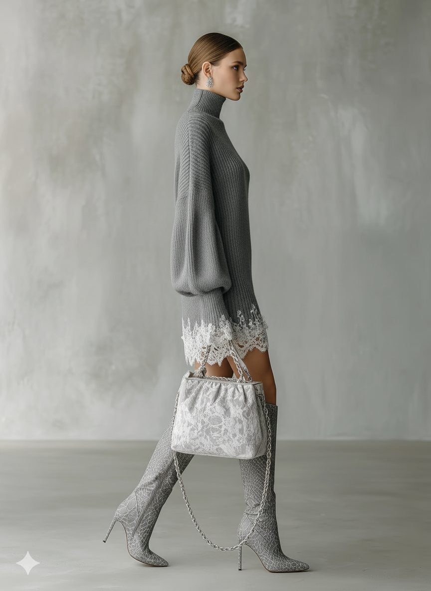 Strickkleid mit Rippstruktur und Spitzensaum für Damen