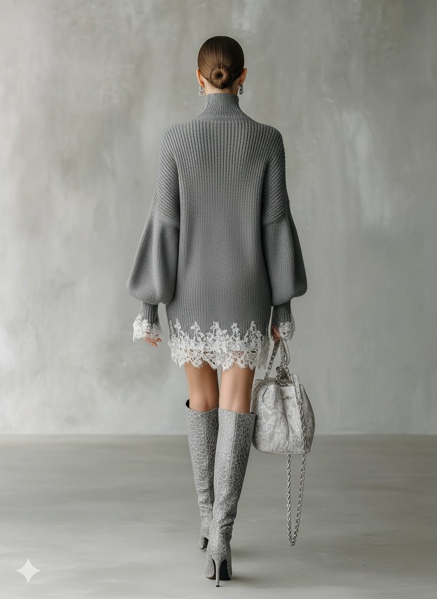 Strickkleid mit Rippstruktur und Spitzensaum für Damen