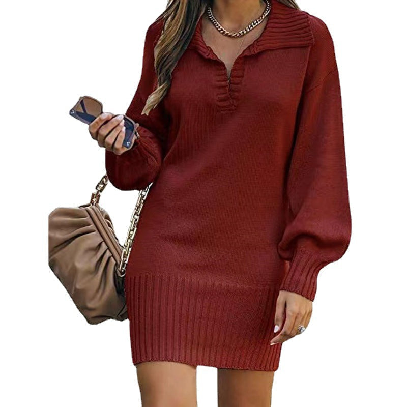 Strickkleid mit V-Ausschnitt und Rippbund für Damen