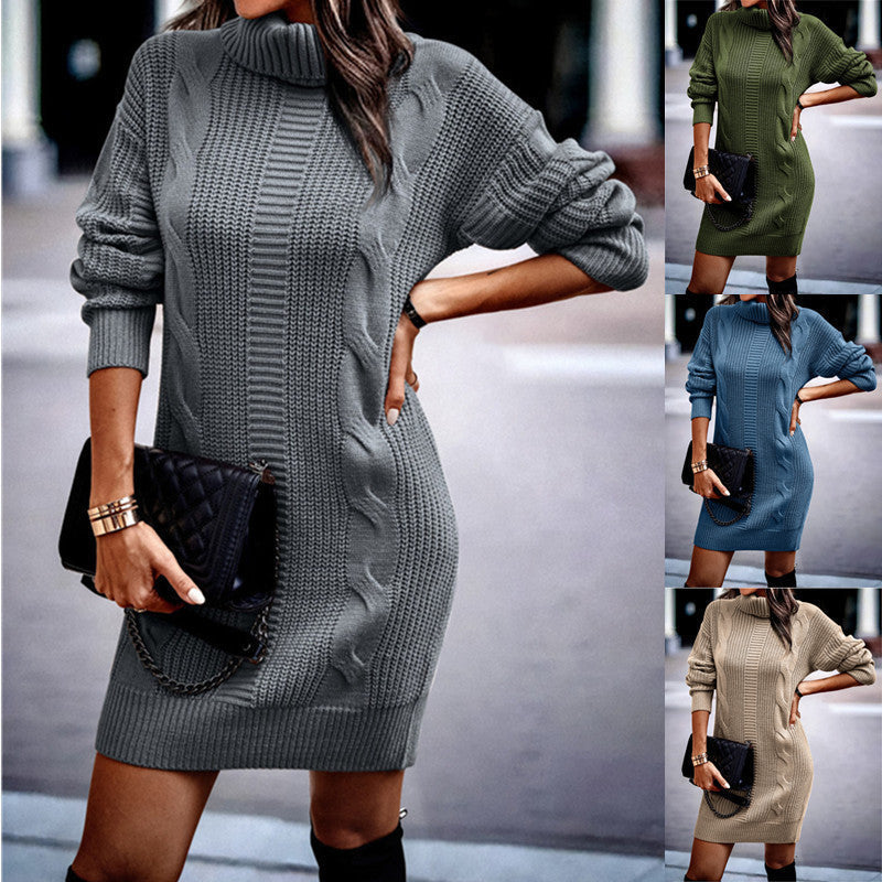 Strickkleid mit Zopfmuster und Rollkragen Dunkelgrau für Damen