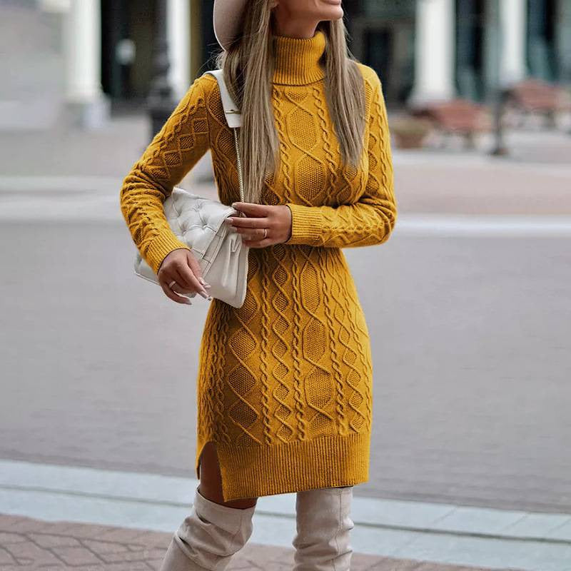 Strickkleid mit Zopfmuster und Rollkragen Ingwergelb für Damen