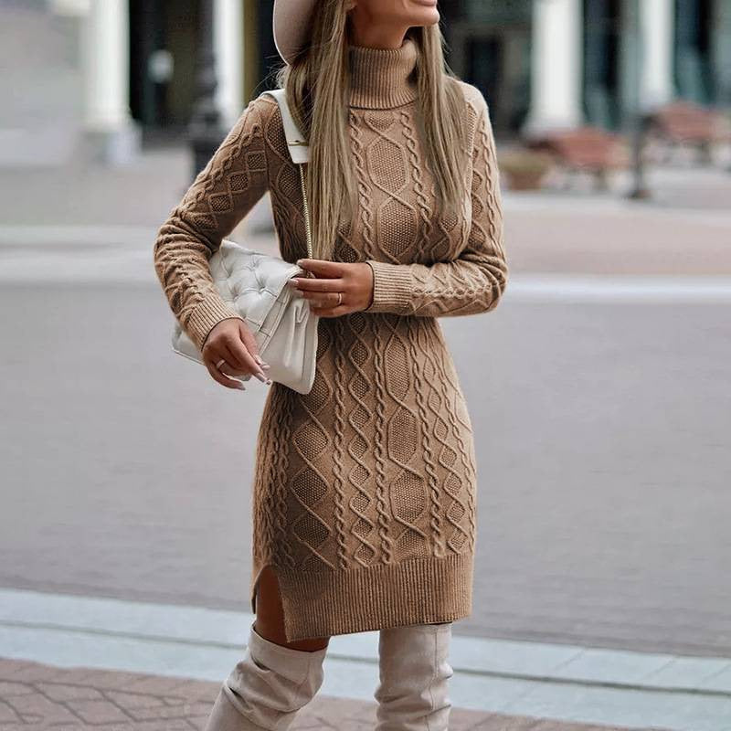 Strickkleid mit Zopfmuster und Rollkragen Ingwergelb für Damen
