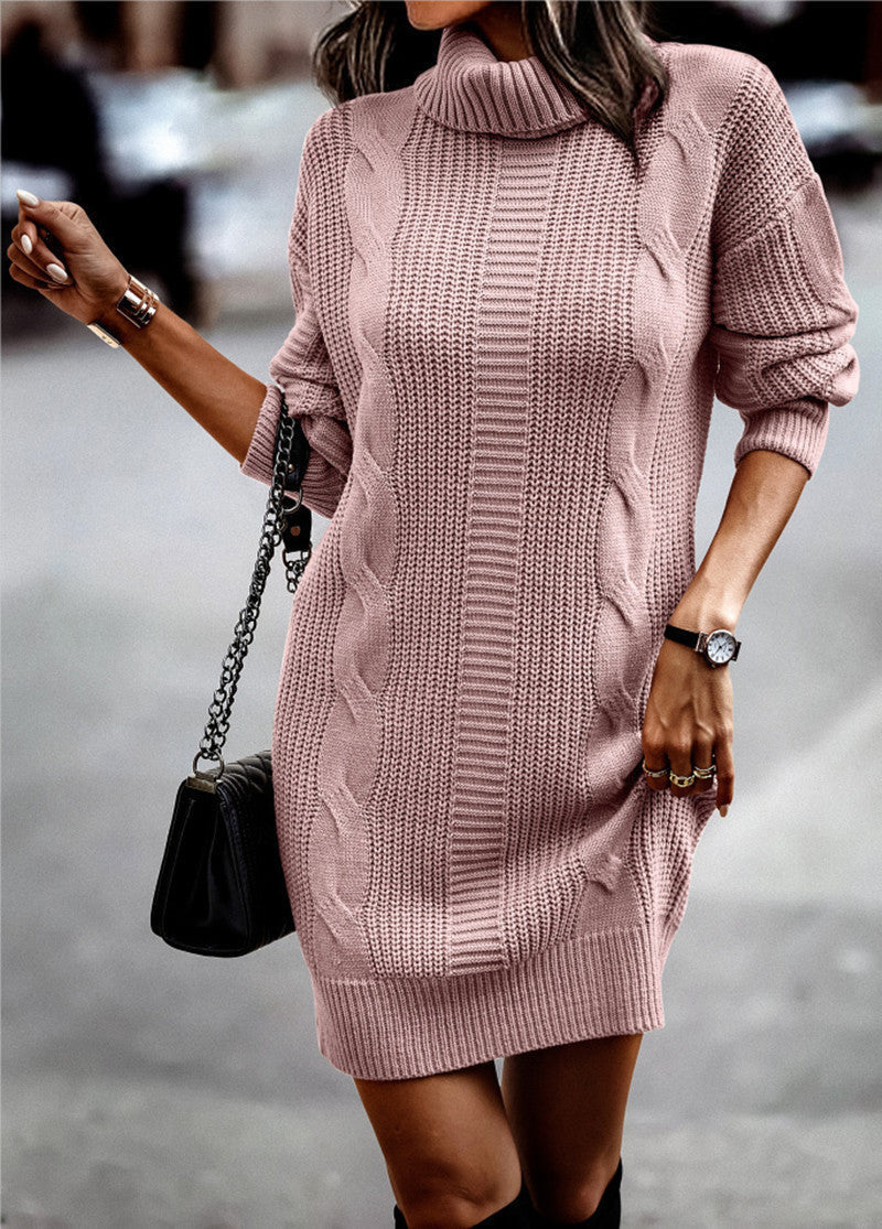 Strickkleid mit Zopfmuster und Rollkragen Dunkelgrau für Damen