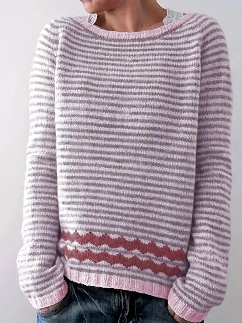 Pullover Damen mit Streifen, Rundhalsausschnitt und Zickzacksaum