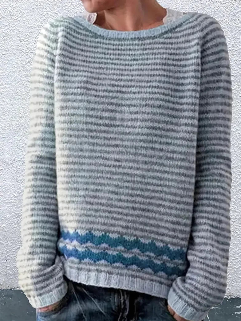 Pullover Damen mit Streifen, Rundhalsausschnitt und Zickzacksaum