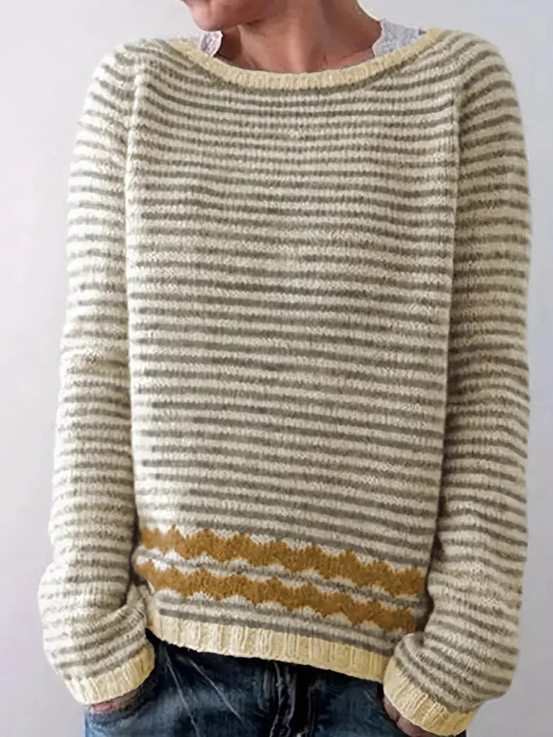Pullover Damen mit Streifen, Rundhalsausschnitt und Zickzacksaum