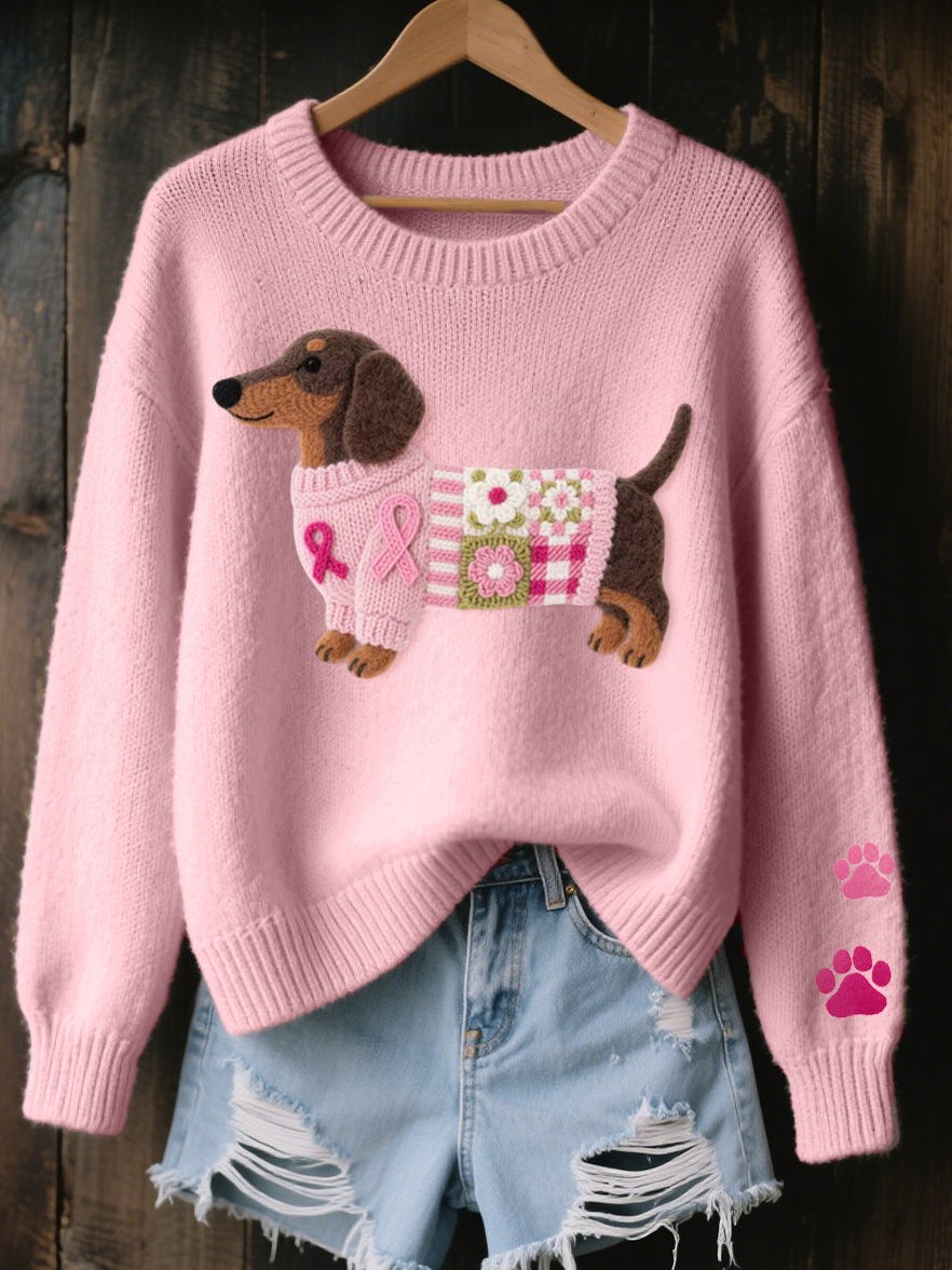 Pullover Damen Strick mit Dackel Motiv Rundhals und Rippbündchen