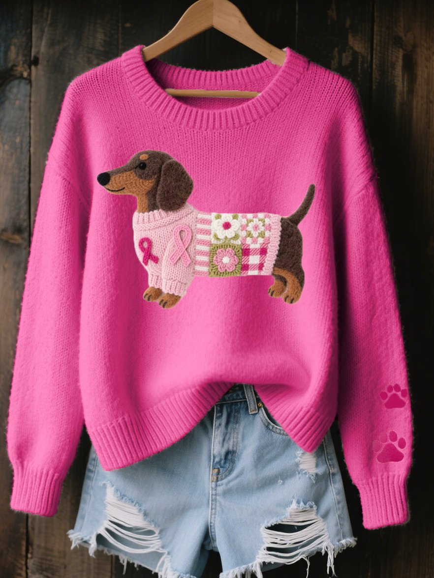 Pullover Damen Strick mit Dackel Motiv Rundhals und Rippbündchen