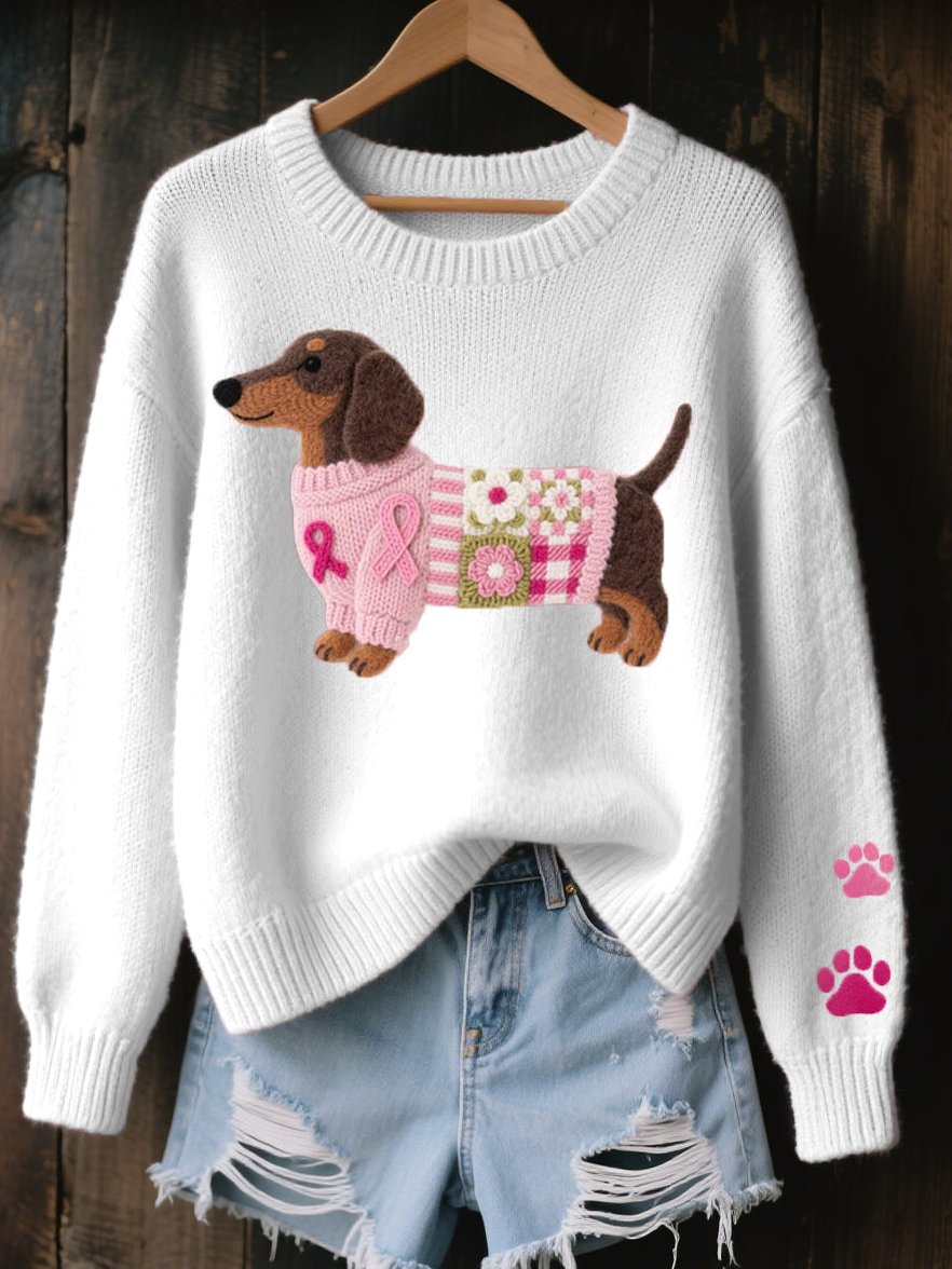 Pullover Damen Strick mit Dackel Motiv Rundhals und Rippbündchen