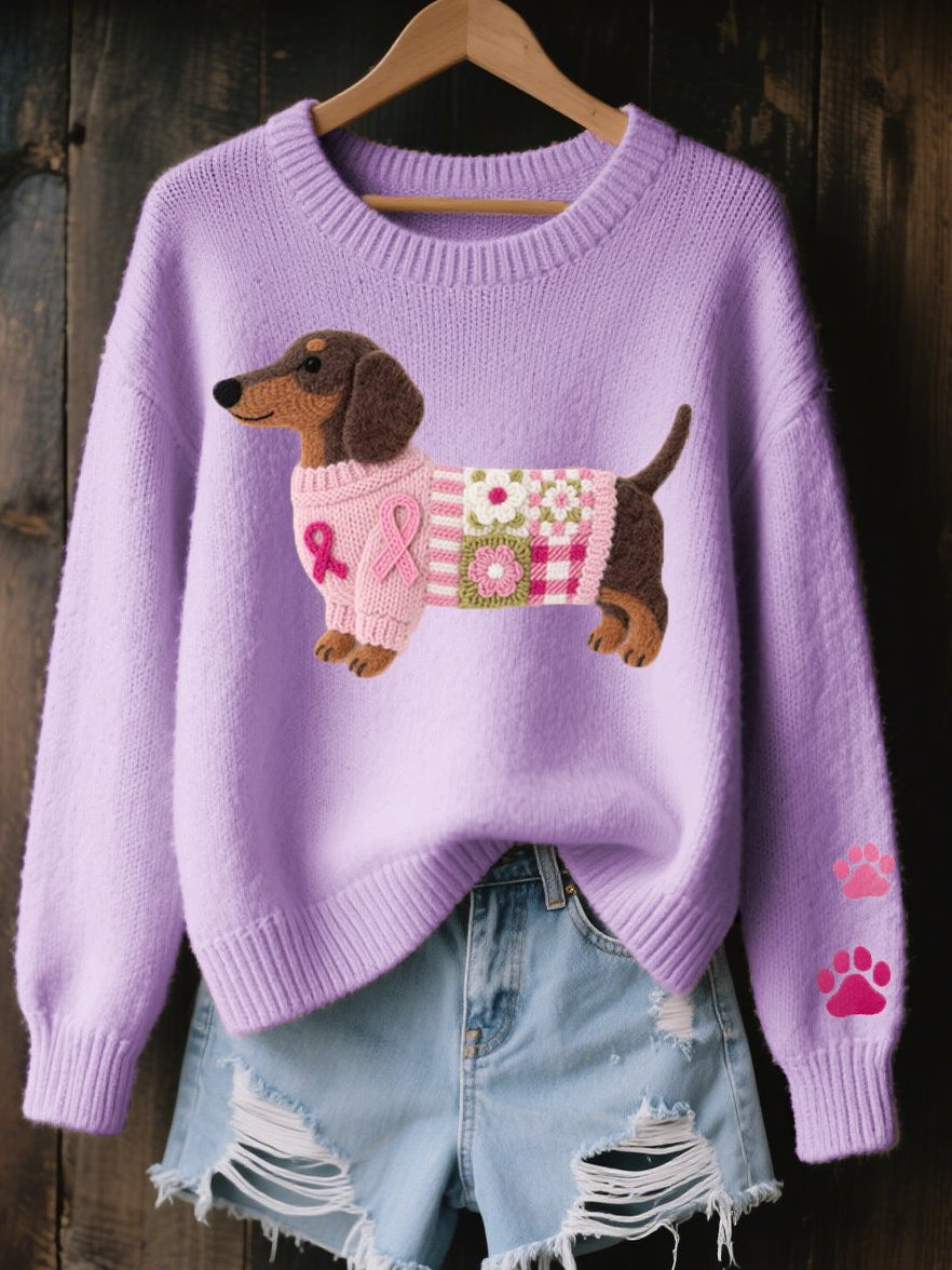 Pullover Damen Strick mit Dackel Motiv Rundhals und Rippbündchen