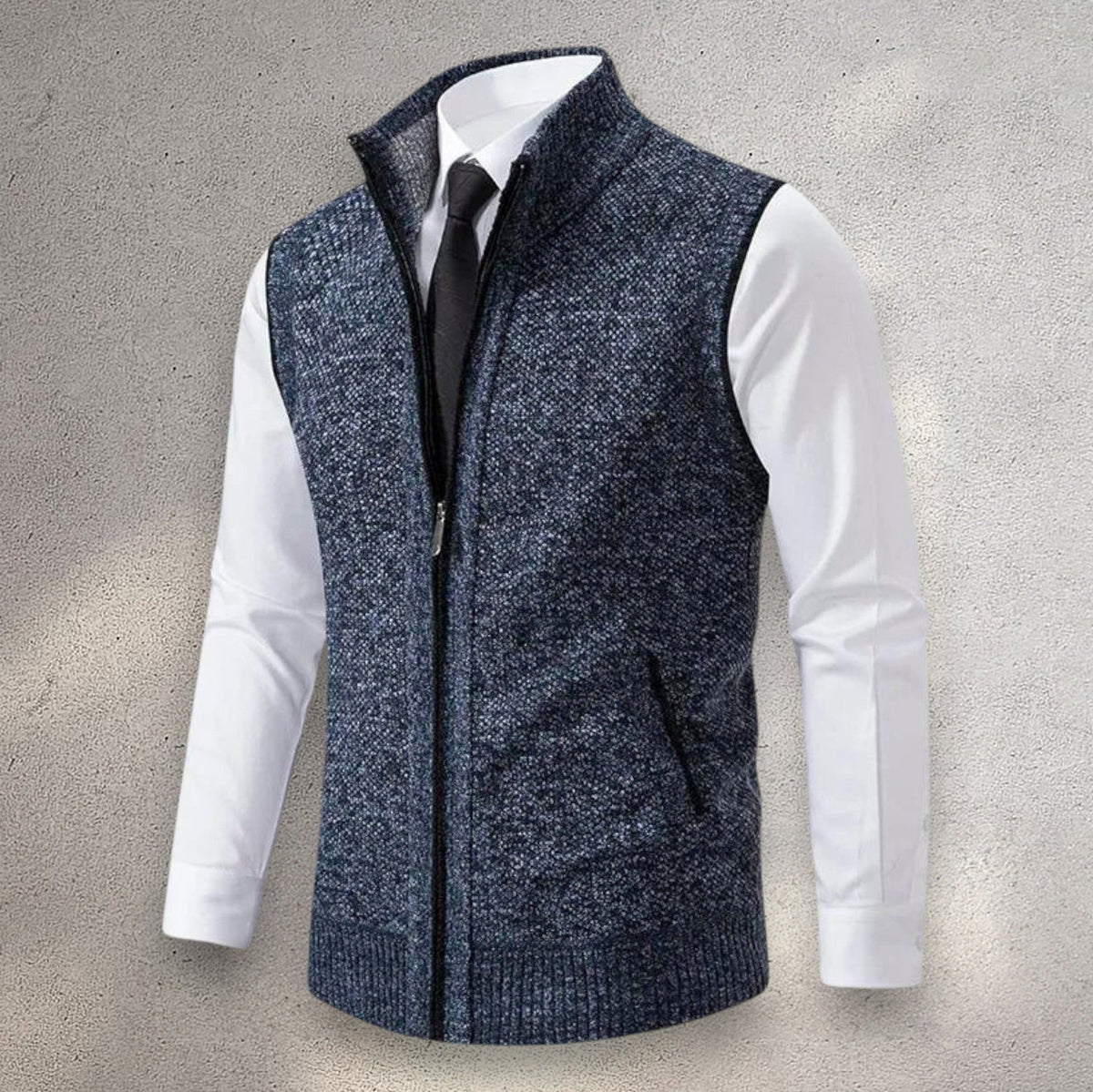 Bayer Modehaus - Herren Strickweste mit Stehkragen und Reißverschluss, Melange in Blau