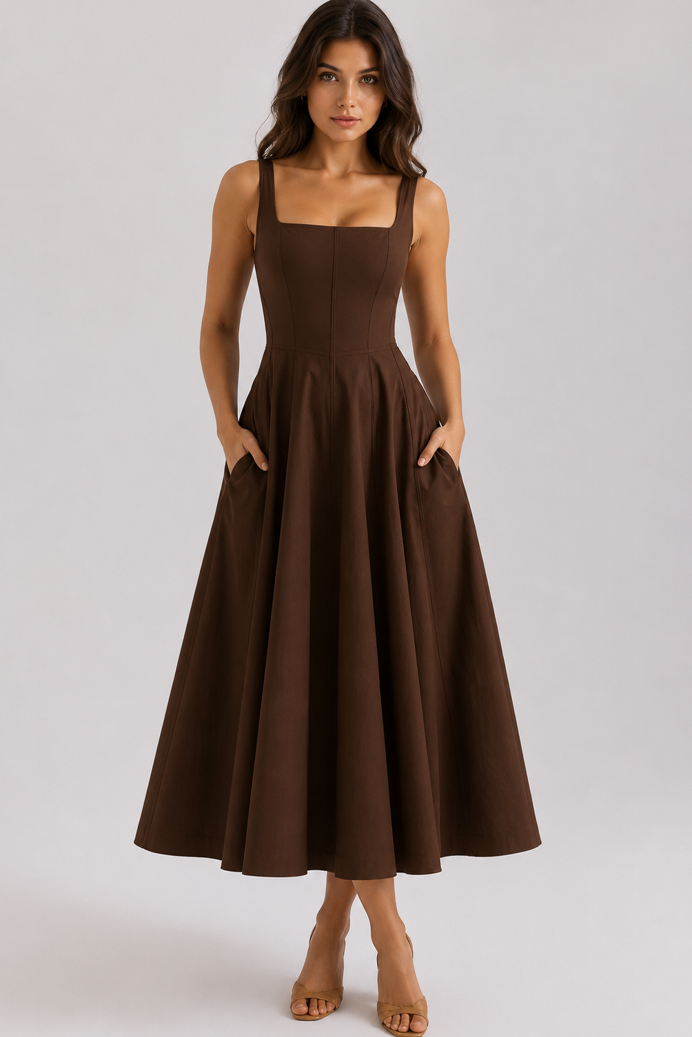 Festliches Kleid Damen Midikleid eckiger Ausschnitt Rückenschnürung