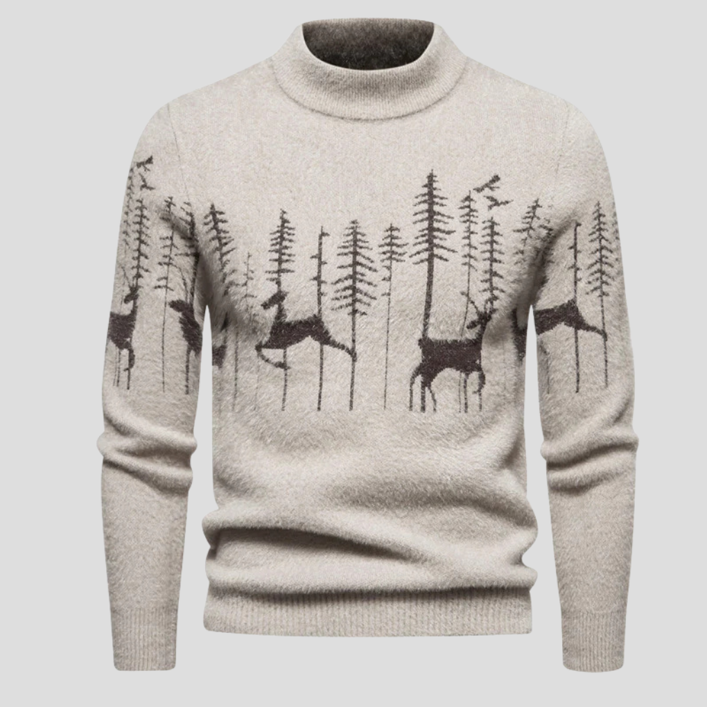 Weihnachtspullover mit Rentier- und Waldmotiv für Herren in Beige