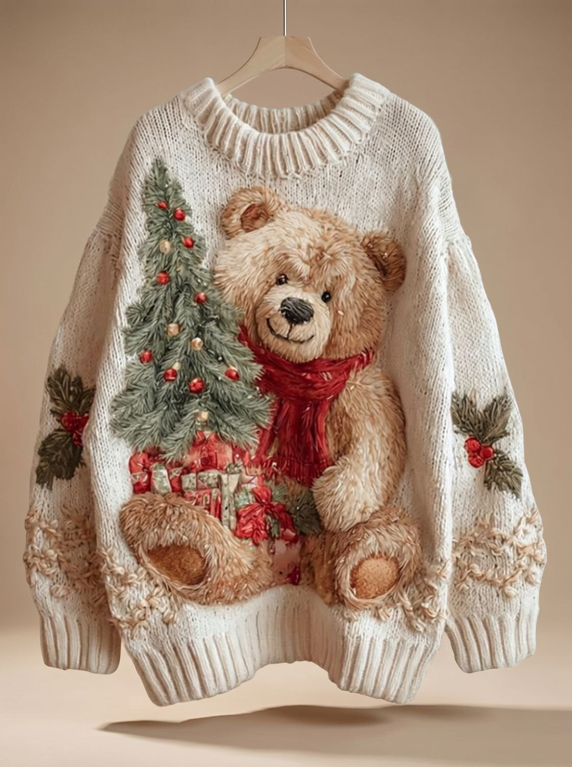 Weihnachtspullover Damen aus Wollmischung, Oversize mit Teddybär-Motiv