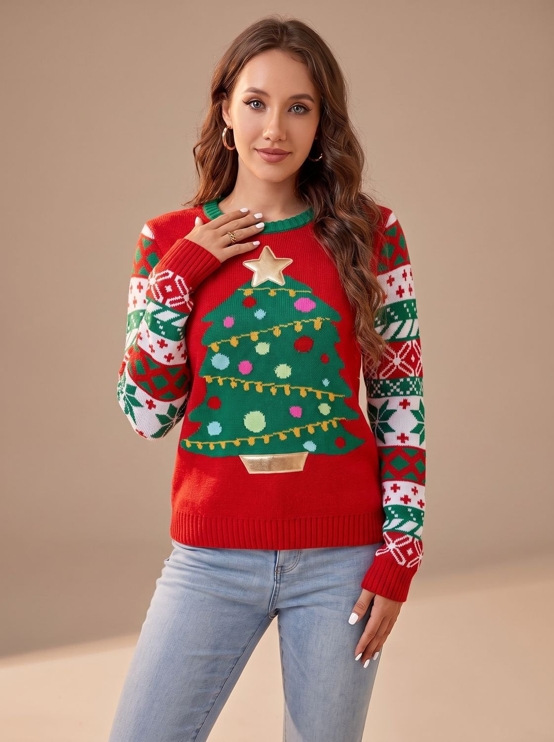 Weihnachtspullover Damen locker gestrickt mit Rentiermotiv und Langarm