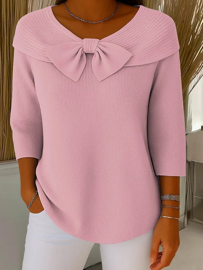 Pullover Damen Strickpullover mit Schleife, 3/4-Arm und Rippenstrick