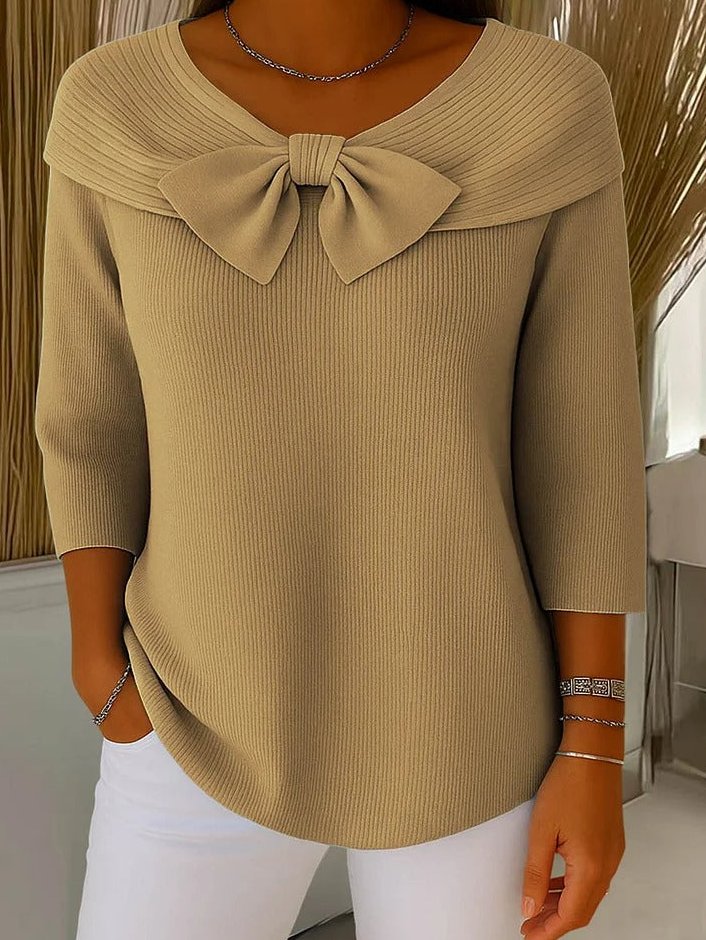 Pullover Damen Strickpullover mit Schleife, 3/4-Arm und Rippenstrick