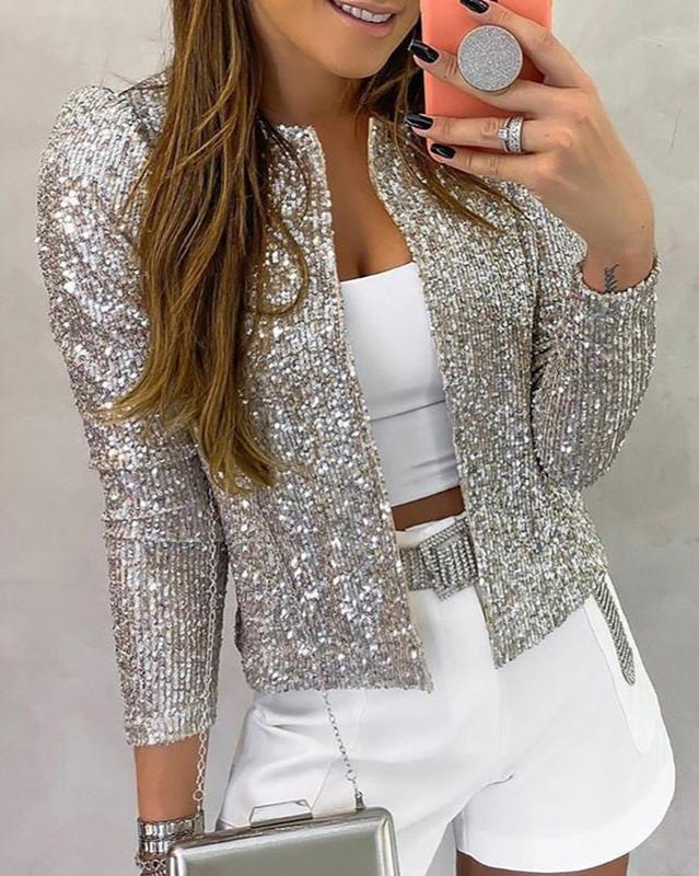 Pailletten-Blazer mit offener Front und langen Ärmeln für Damen in Silber - Ansicht 4