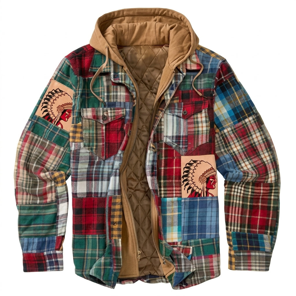 Winterjacke gefüttert mit Patchwork und Kapuze für Herren in Waldgrün kariert - Ansicht 8