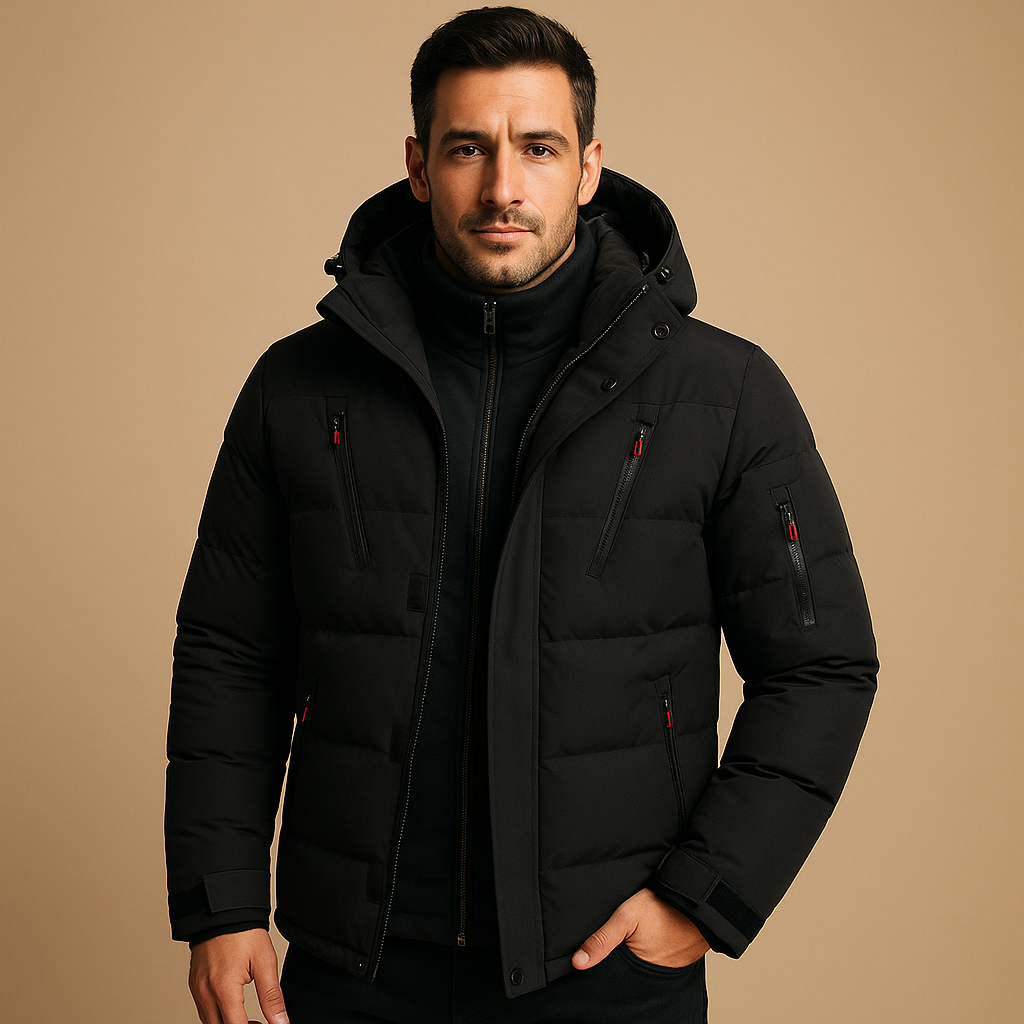 Winterjacke mit dicker Fütterung und Kapuze für Herren in Schwarz - Ansicht 3