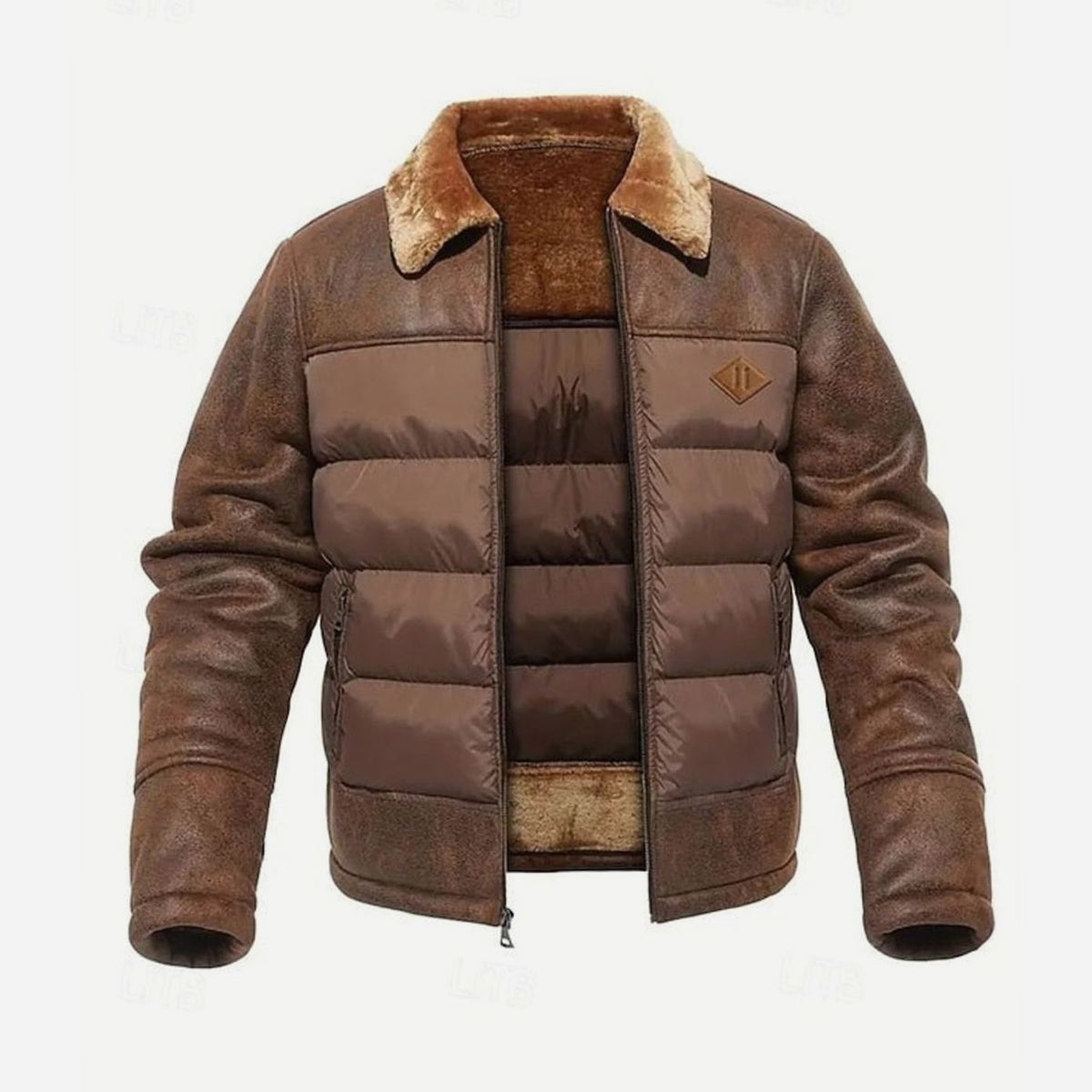 Winterjacke mit Fellkragen und Kunstleder-Ärmeln für Herren in Dunkelbraun