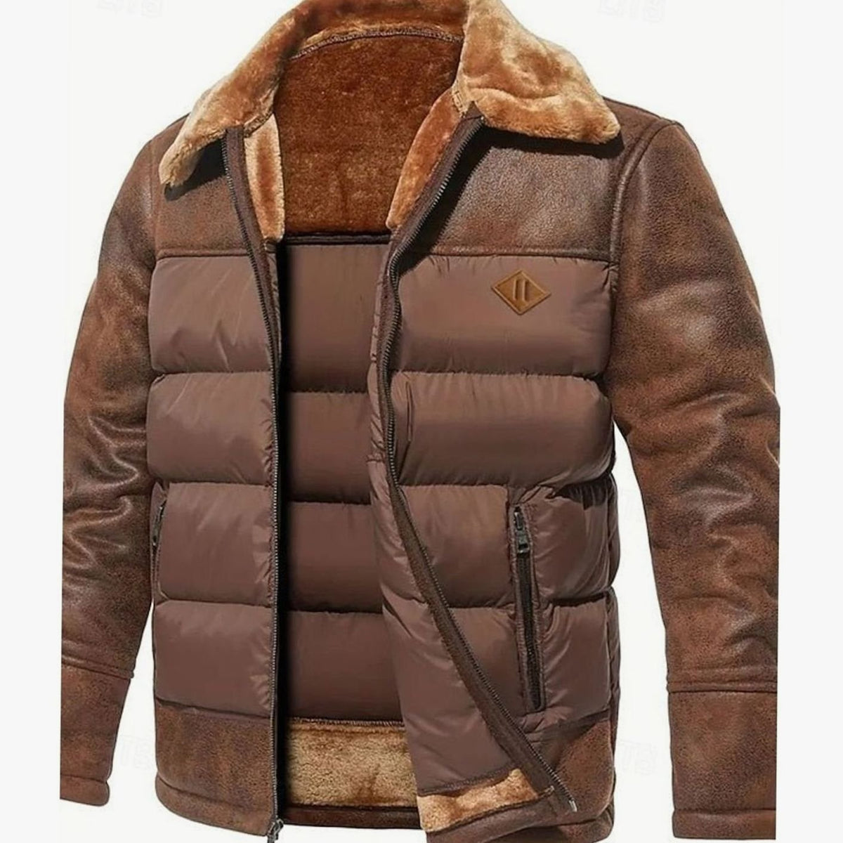 Winterjacke mit Fellkragen und Kunstleder-Ärmeln für Herren in Dunkelbraun - Ansicht 2