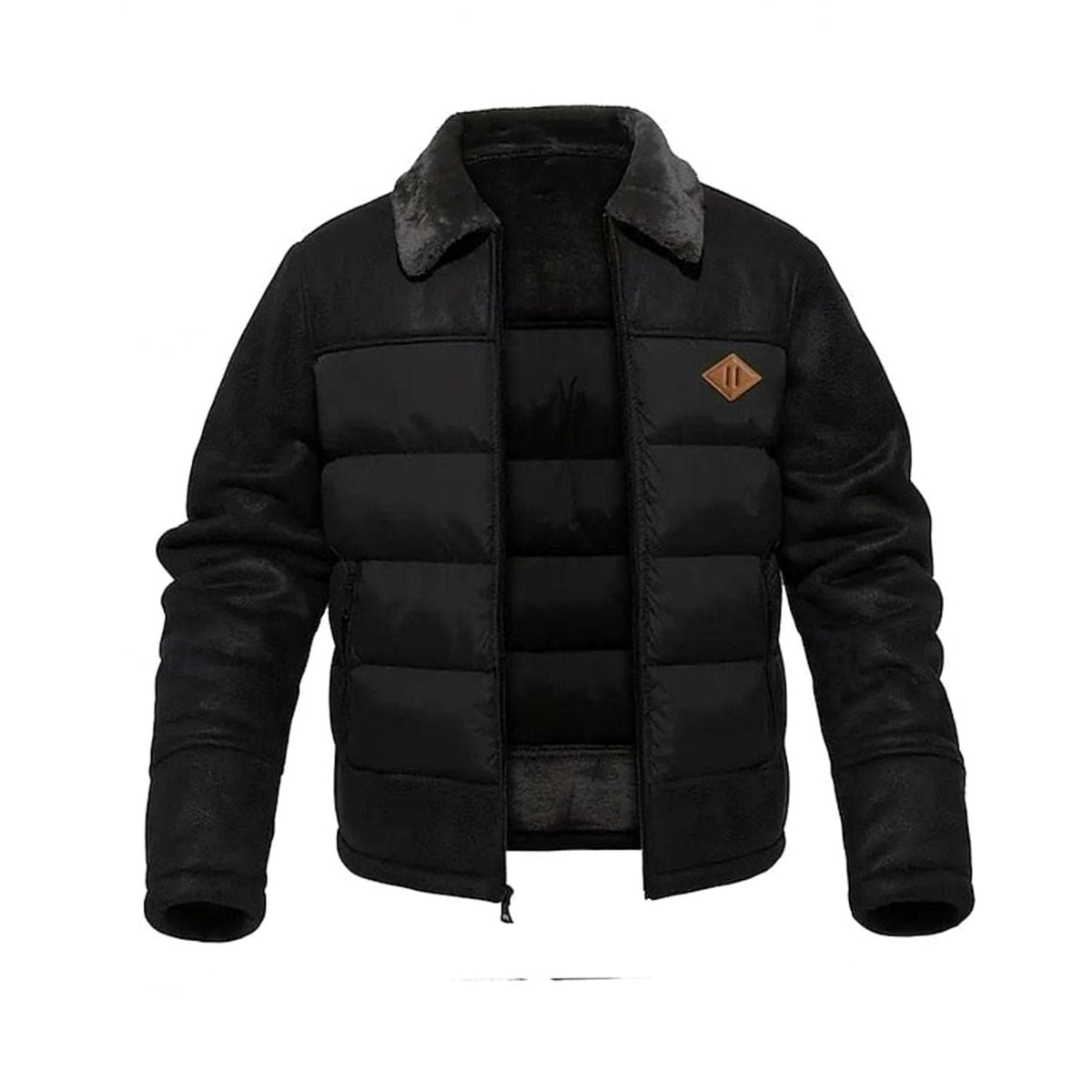 Winterjacke mit Fellkragen und Kunstleder-Ärmeln für Herren in Schwarz - Ansicht 6