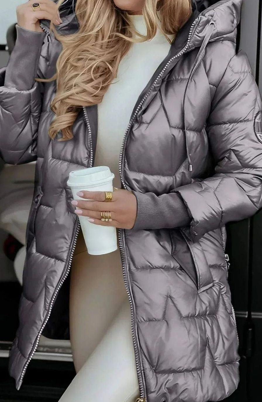 Winterjacke mit Kapuze und glänzender Steppung für Damen in Grau - Ansicht 2