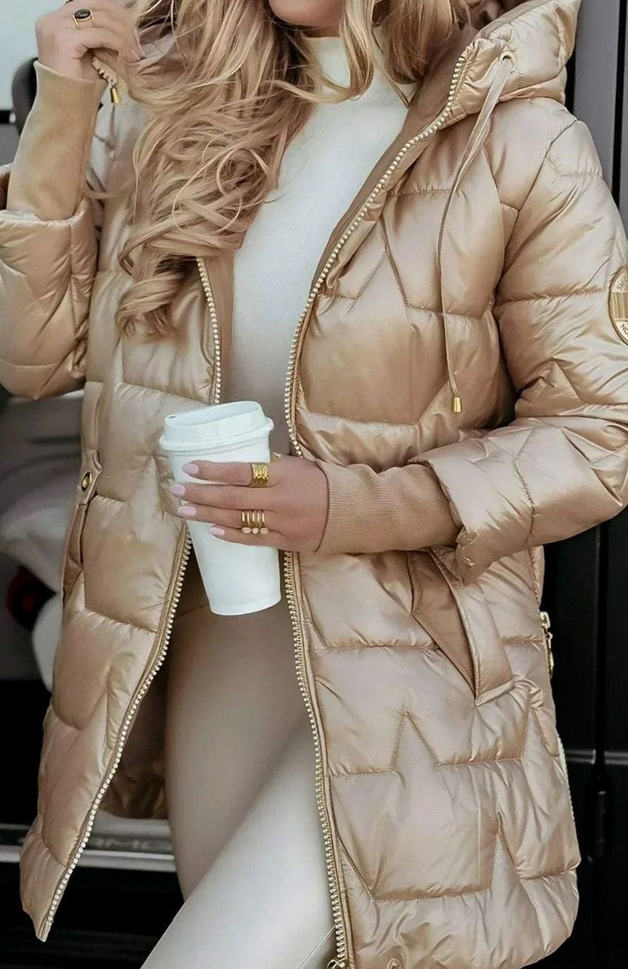 Winterjacke mit Kapuze und glänzender Steppung für Damen in Beige - Ansicht 3