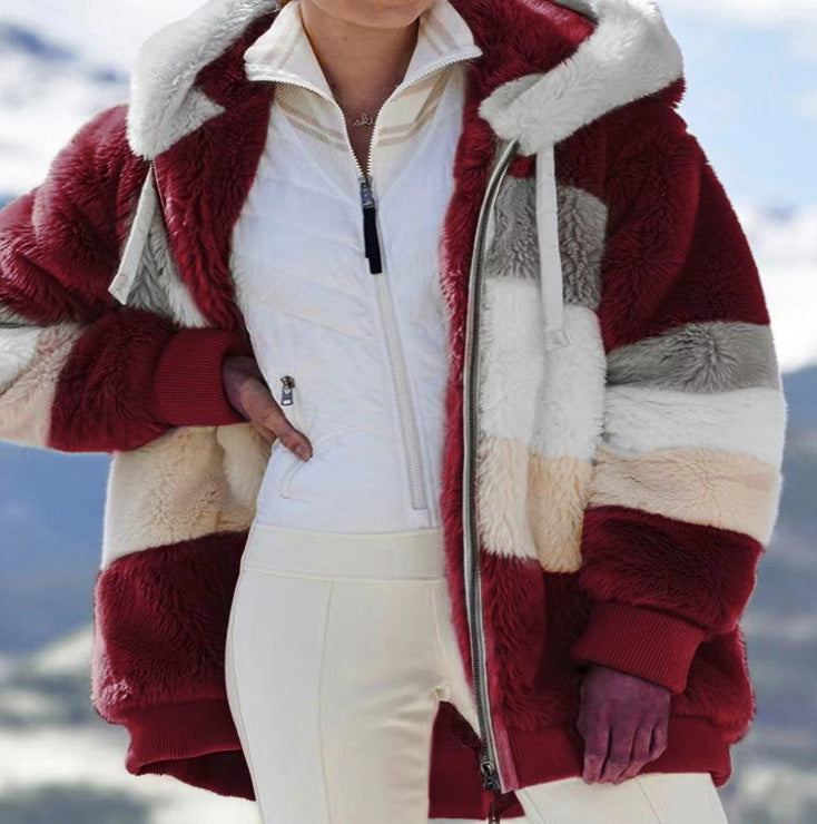 Winterjacke mit Kapuze und flauschigen Einsätzen für Damen in Weinrot - Ansicht 9