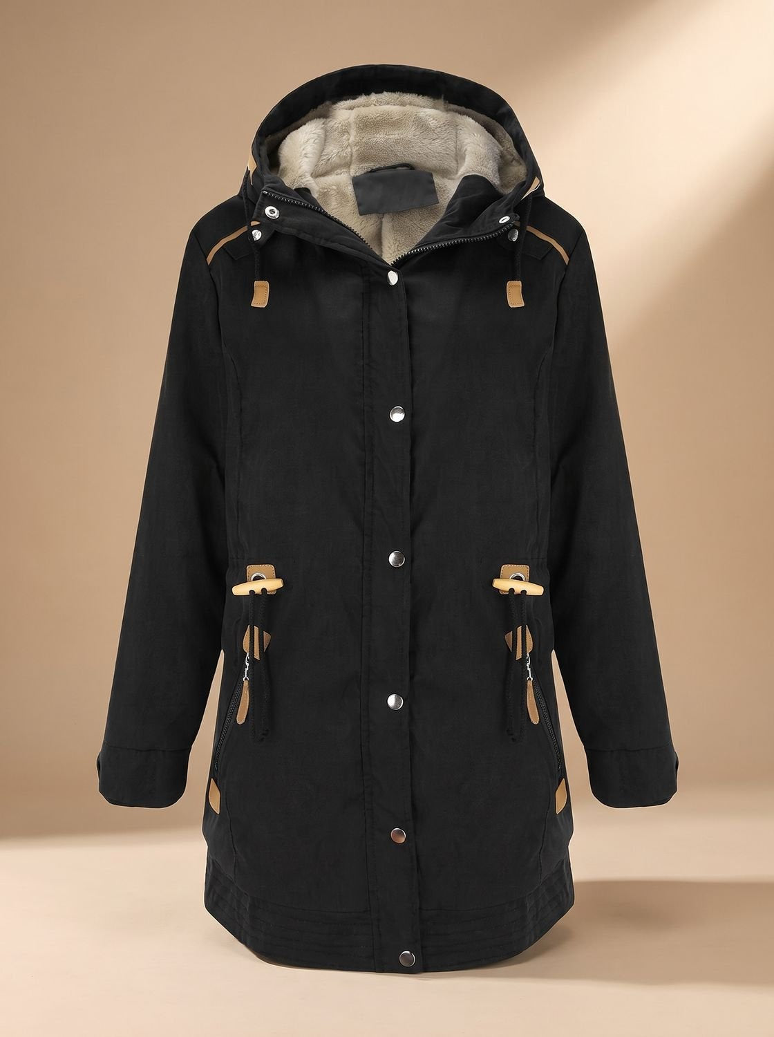 Winterjacke mit Kapuze und Taillenkordel für Damen in Schwarz