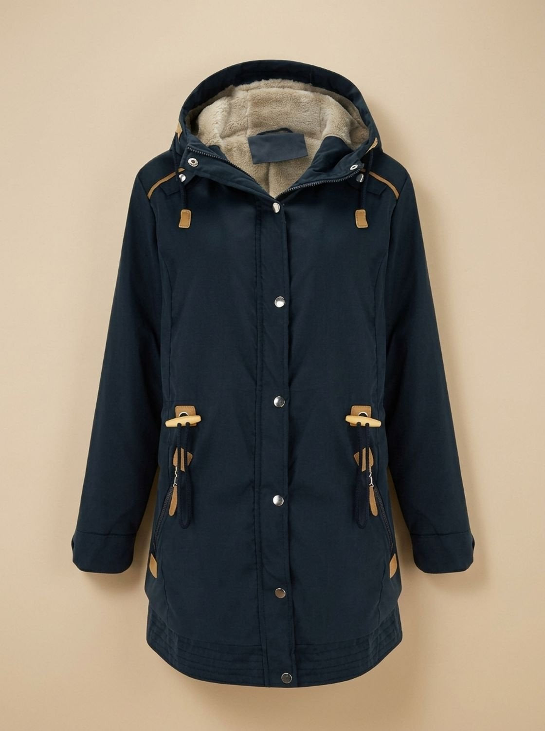 Winterjacke mit Kapuze und Taillenkordel für Damen in Marineblau - Ansicht 3