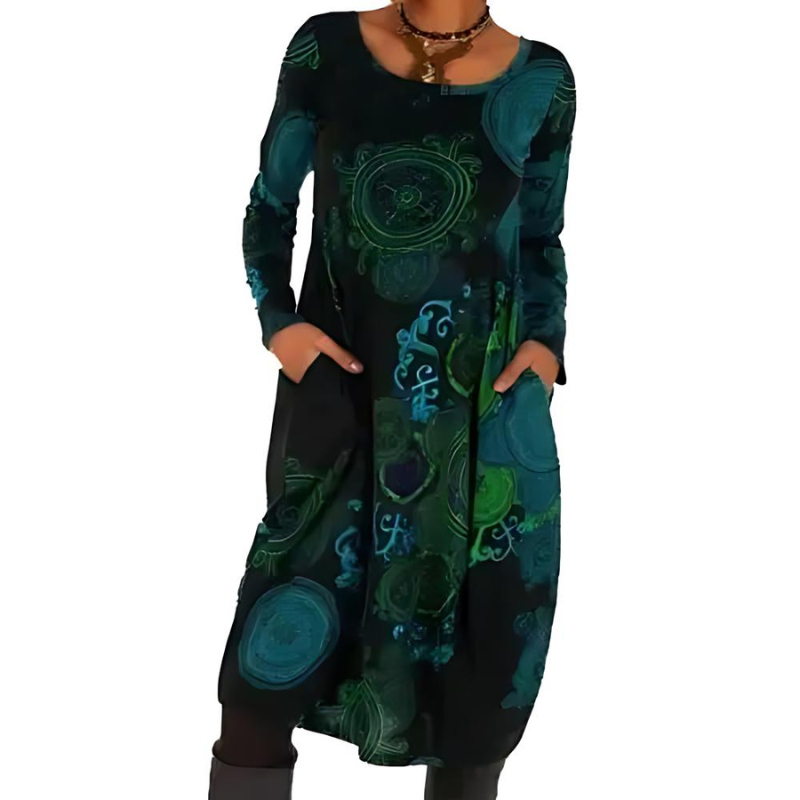 Winterkleid mit Rundhals, Muster und Taschen für Damen in Blau
