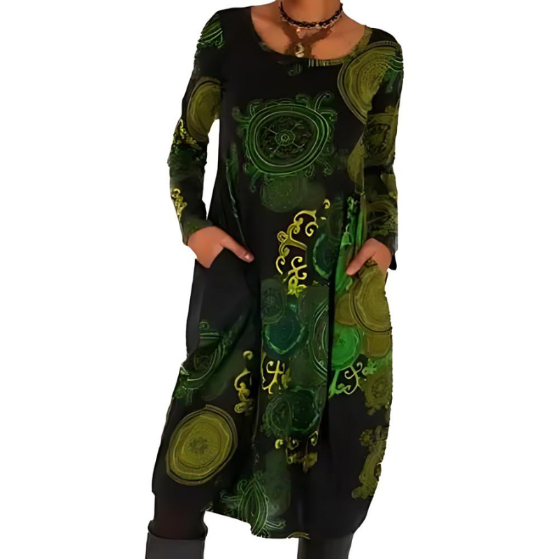 Winterkleid mit Rundhals, Muster und Taschen für Damen in Grün - Ansicht 2